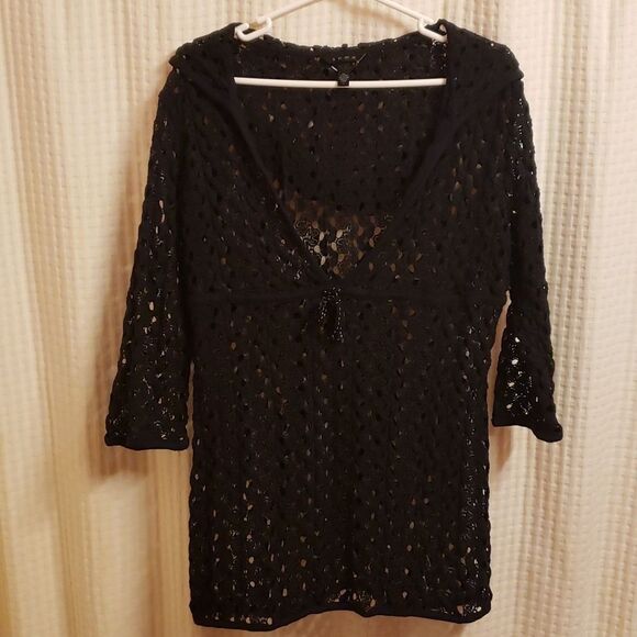 Soma sz L hooded hoodie black lace cover up shirt 3/4 sleeve cinch waist… - Picture 5 of 16